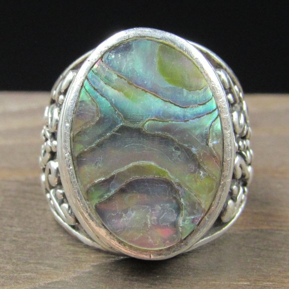 Jewelry - Size 6 Sterling Silver Large Fancy Oval Abalone Band Ring Vintage